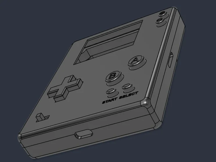 3D-printed case CAD render, front angled view